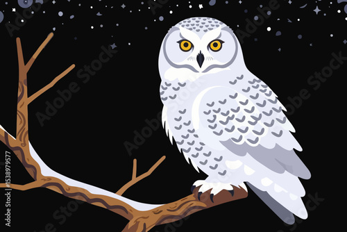 Snowy Owl Illustration-Night Scene-Winter Animal Art-Owl Perched on Branch-Stars and Sky-Wildlife Artwork-Arctic Owl Depiction-Vector Graphics-Bird of Prey Image
