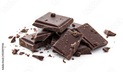 Melted dark chocolate pieces with scattered shavings on a white background.