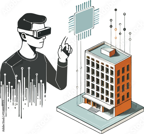 Man with vr headset interacting with a smart building in a futuristic metaverse illustration