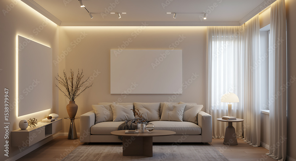Fototapeta premium Elegant and modern living room interior design with beige sofa and contemporary lighting