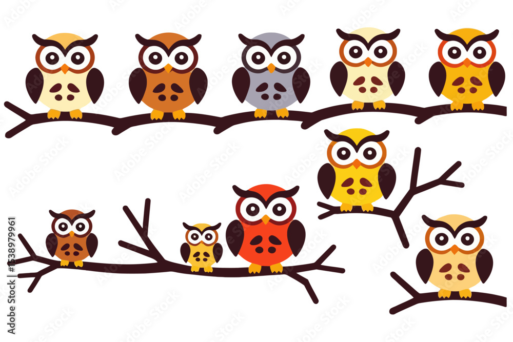 Fototapeta premium Colorful Cartoon Owls on Branches - Whimsical Owl Illustration for Kids - Cute Owls Vector Art for Nursery Decor and Creative Projects