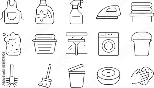 Household Cleaning Tools Outline Icons – Apron, Spray, Sponge, Towels, Washing Essentials and more.