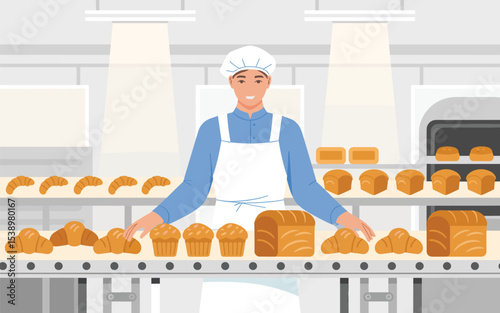 Smiling Baker Proudly Displaying Freshly Baked Bread and Pastries in a Modern Bakery, vector