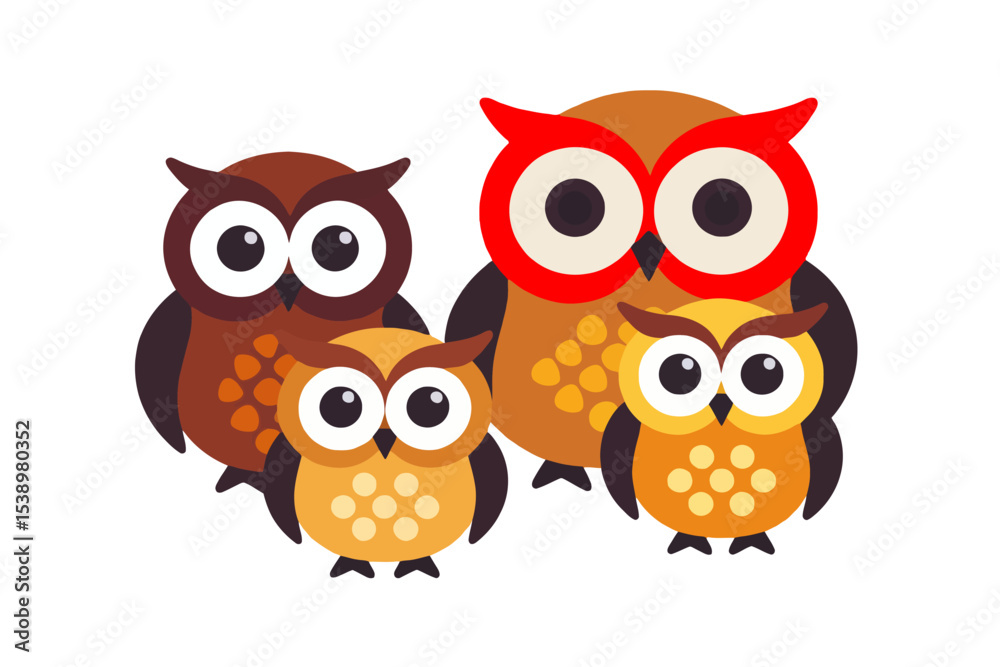 Fototapeta premium Cute Owl Family Illustration- Cartoon Owl Characters- Whimsical Bird Art for Kids- Adorable Owl Design- Fun and Colorful Owl Graphic for Prints and Decor
