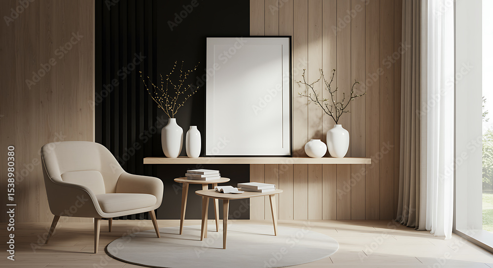 Fototapeta premium Modern interior design with blank picture frame and elegant decor in neutral tones