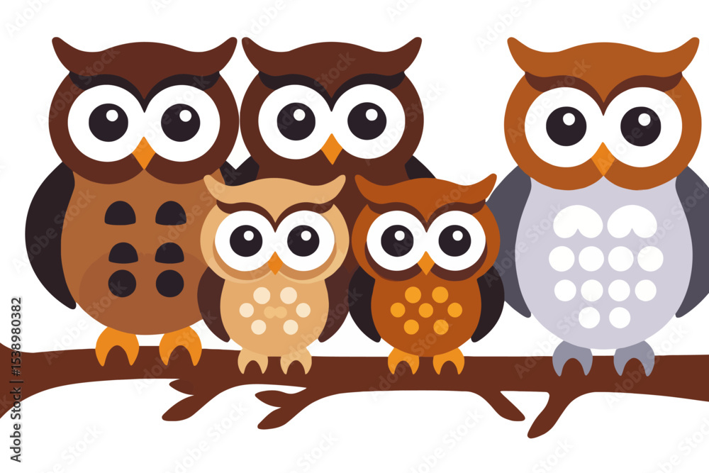 Fototapeta premium Cute Owl Family on a Branch Illustration-Adorable Cartoon Owls-Kids Room Decor-Nursery Art-Whimsical Bird Theme-Animal Illustration-Colorful Owls-Playful Design