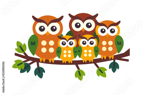 Cute Owl Family Clipart-Cartoon Owls on a Branch-Adorable Bird Illustration-Perfect for Kids-Nature Inspired Graphic Design-Owl Themed Crafts and Decoration