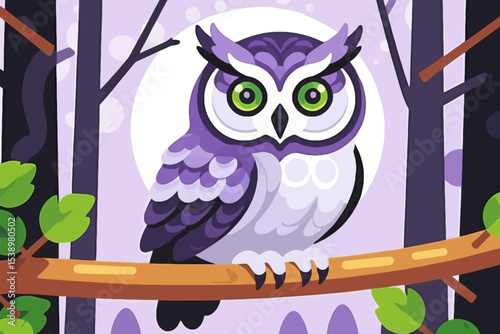Cute Purple Owl Cartoon Illustration - Perched on Branch at Night - Whimsical Owl Design - Forest Animals Art - Childrens Illustration- Owl Art