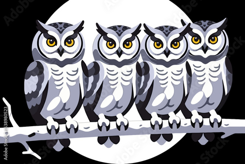 Four Owls on a Branch Illustration-Cartoon Owls with Yellow Eyes-Nighttime Birds of Prey Clipart-Owl Family Graphic-Wildlife Art for Kids Room-Owl Design