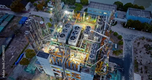 An illuminated chemical plant with intricate pipelines and cooling systems operating at night.