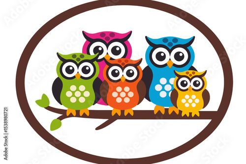 Colorful Owl Family on a Branch Illustration- Cute Owls in Pink- Green- Blue- Orange and Yellow- Vector Graphic for Kids Room Decor- Nature Inspired Art