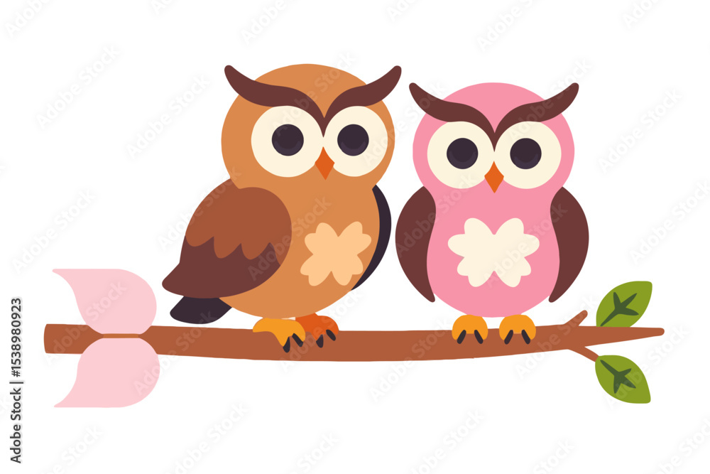 Obraz premium Cute Owl Illustration-Two Owls on a Branch-Sweet Owls Art for Nursery Decor-Adorable Owl Design for Kids-Owl Clipart for Crafts and Digital Projects