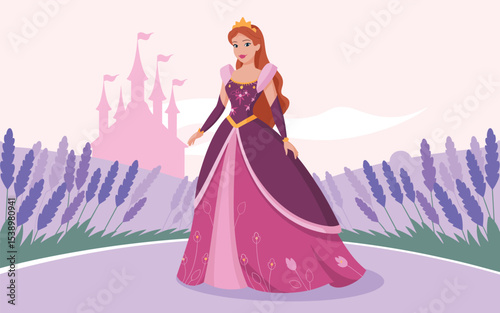 Fairytale Princess in Lavender Field, Vector Illustration
