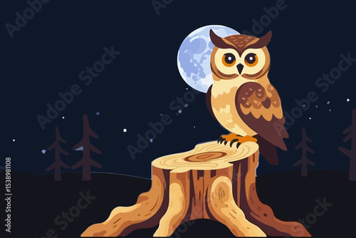 Night Owl Perched on a Tree Stump Under the Moon-Whimsical Owl Illustration in the Moonlight-Cute Owl in a Forest at Night with Stars and Silhouetted Trees