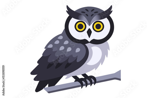 Cute Cartoon Owl Illustration- Perched on a Branch- Featuring Big Yellow Eyes and Detailed Feathers- Perfect for Children's Books and Educational Materials