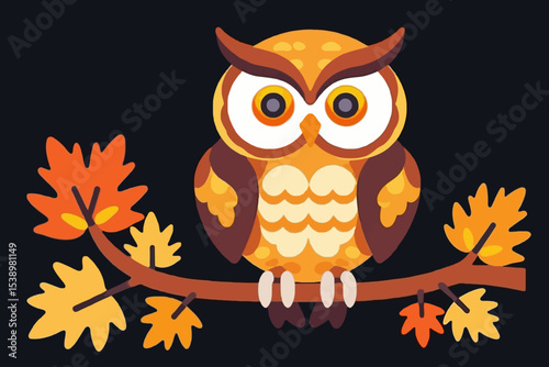 Cute Cartoon Owl Illustration on Branch- Autumn Leaves and Fall Colors- Whimsical Graphic Art for Kids and Seasonal Designs