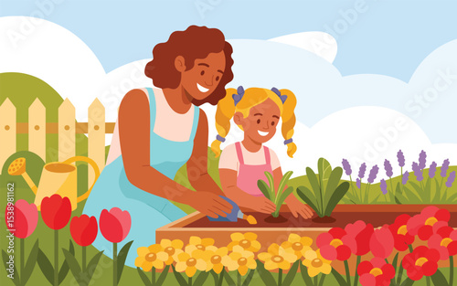 Mother and Daughter Gardening Together A Springtime Planting Illustration