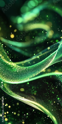 Abstract Green and Gold Glittering Ribbons Flowing in a Dark Background