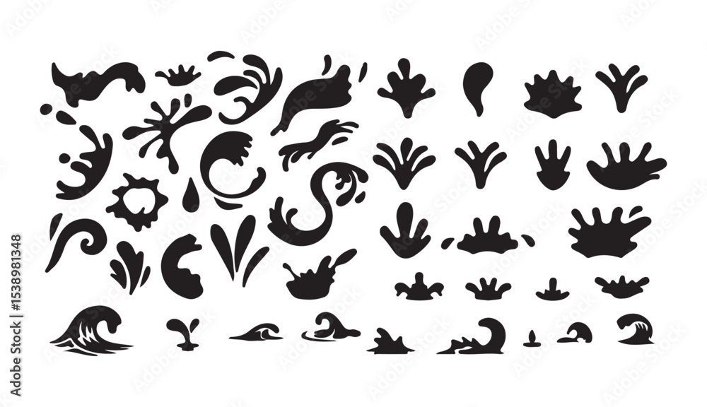 Naklejka premium Water Splash Vector Silhouettes Set. Liquid Splatter and Wave Elements Collection. Victor illustration eps 10