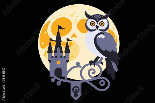 Whimsical Owl Perched Before a Full Moon and Castle Illustration- Enigmatic Night Owl Art Print-Fantasy Castle under Moonlight Graphic-Halloween Inspired Owl Design