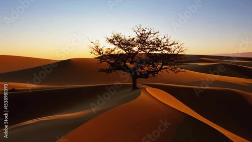 Lone silhouetted tree stands on sand dune against clear sunset sky, capturing the stark beauty of desert landscape at dusk