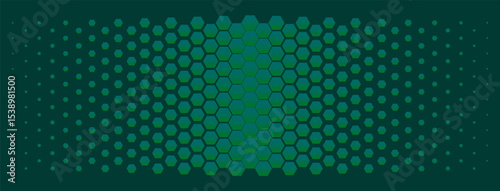Halftone green hexagons background on dark background. Honeycomb. Color effects in vector.