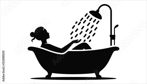 Woman Showering in Bathtub Silhouette Vector