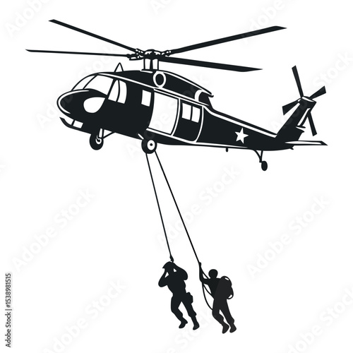 Two soldiers rappel from a military helicopter isolated on white background