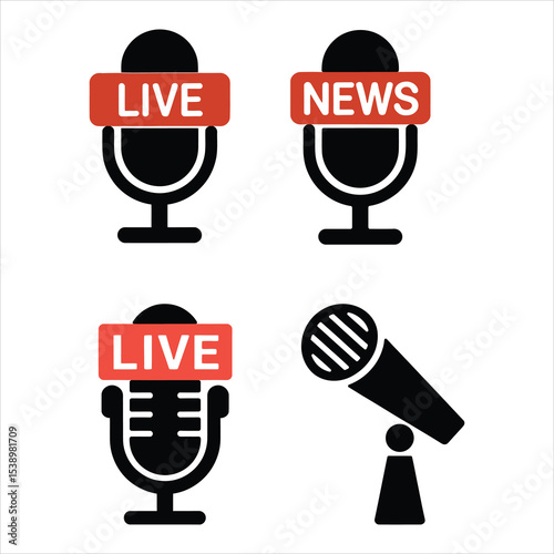Live News Microphone Icons Set Vector Illustration


