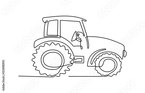 Tractor, one line continuous. Line art outline vector illustration of farm transport, Continuous line art or One Line drawing of tractor for vector illustration, business transportation.