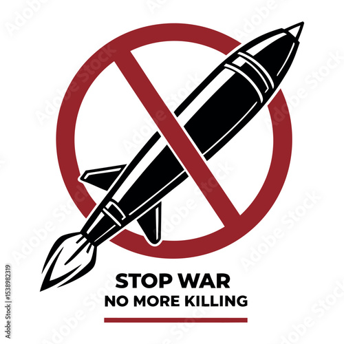 Stop war a crimson nosign halts a black missile, isolated on white background