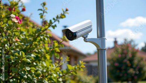 an outdoor security camera mounted on a pole in front of a house with various windows and a brick chimney