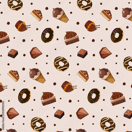 Sweet chocolate desserts in a pattern.Vector seamless pattern of chocolate sweet desserts on a colored background.