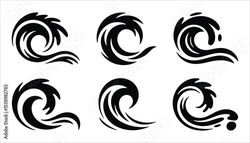 Ocean Wave Icon Set in Black Silhouette Vector