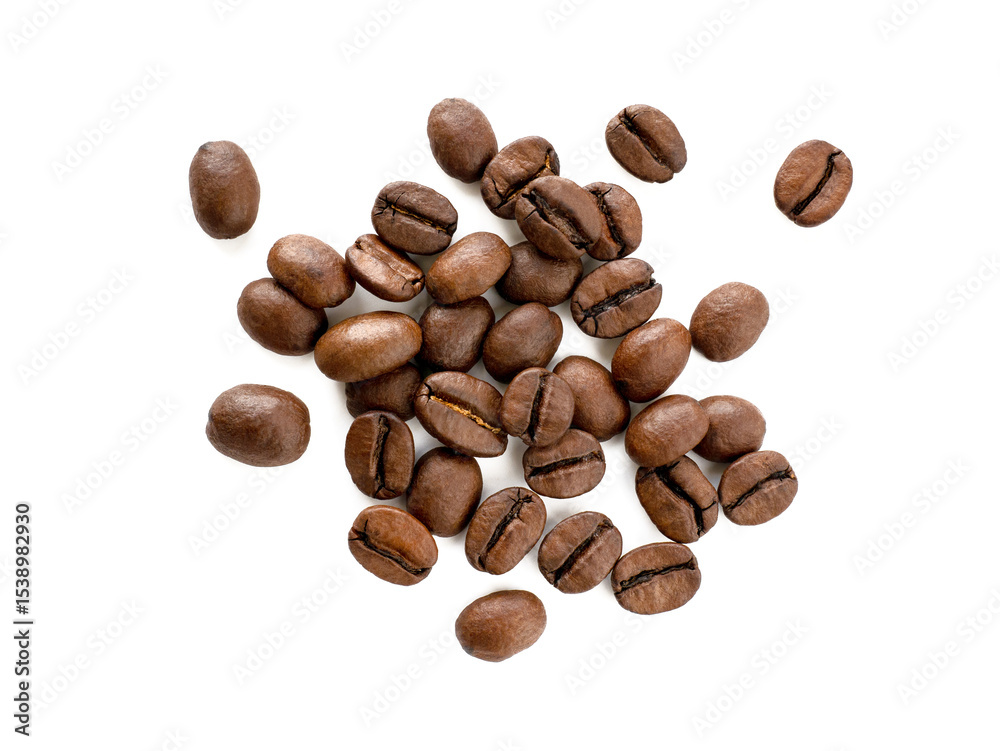 Naklejka premium A bunch of fragrant roasted coffee beans are highlighted on a white background. View from above