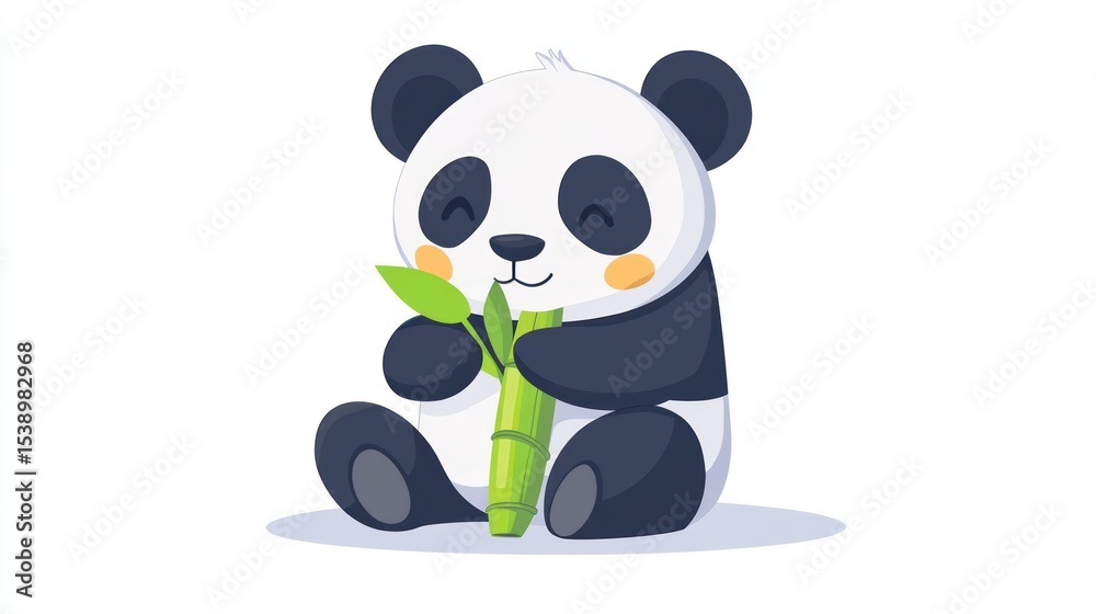Fototapeta premium A cartoon panda is sitting and eating some bamboo on a white background illustration