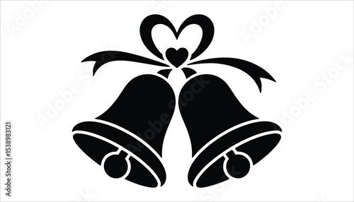 Wedding Bells Silhouette with Ribbon and Heart Vector