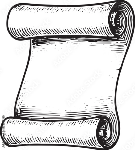 A hand-drawn old papyrus roll with a tight curl on the left, featuring a weathered texture and blank surface, ideal for vintage invitations or historical designs