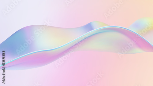 Abstract 3D liquid wave background with glass ribbon fluid and blue shapes. Featuring holographic gradient for iridescent flow texture and light. Contemporary spectral wallpaper movement.