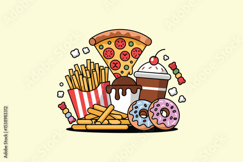 Delicious Junk Food Illustration Pizza, Fries, Donuts, and More