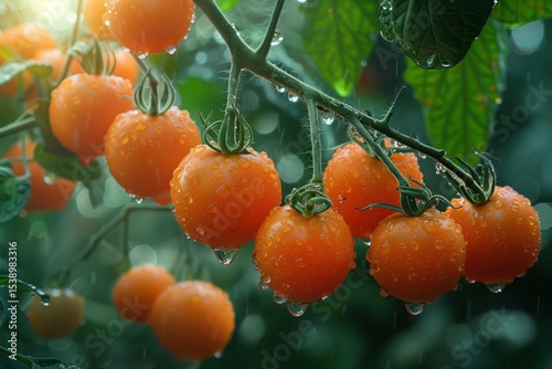 Ripe orange cherry tomatoes on the vine getting wet under summer rain in a greenhouse or garden