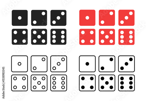 Set of dice icons with six dice in different colors and designs: black, red, and outlined versions showing various numbers of dots for gaming, chance, and probability representation.