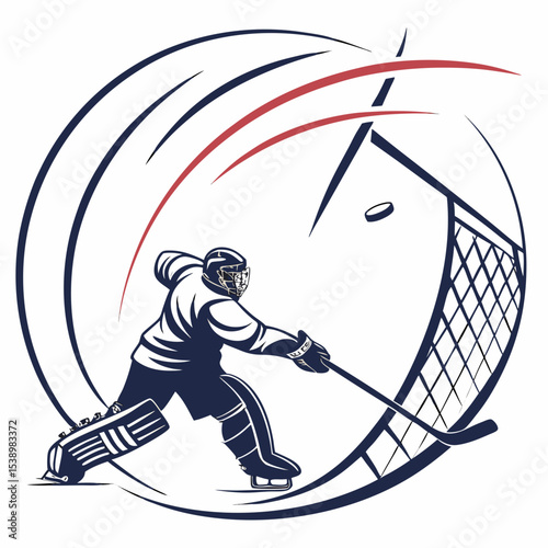 Hockey goalie in action defending the net with dynamic lines and puck illustration in vector format