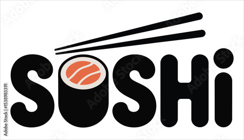 Sushi Text Logo with Roll and Chopsticks Vector