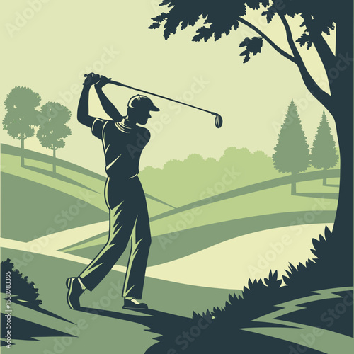 Silhouette of a golfer swinging club on a golf course with trees and rolling hills in the background