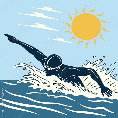 Illustration of a swimmer in the ocean under a bright sun with clouds in a blue sky, side view