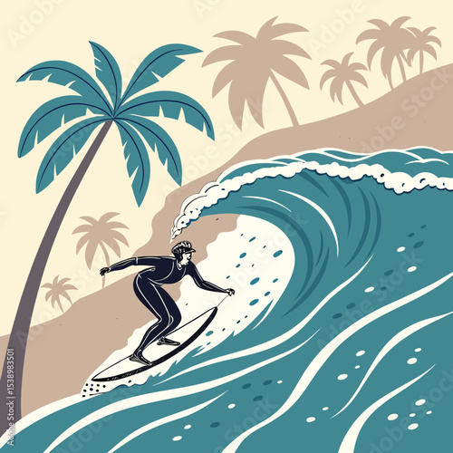 Surfer riding a large wave near a tropical beach with palm trees on a sunny day in a retro style