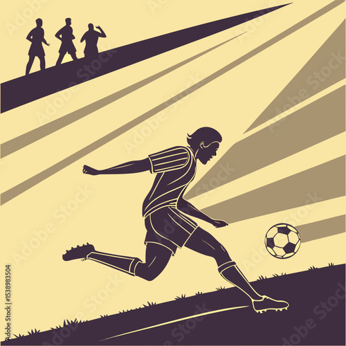 Silhouette illustration of a soccer player kicking a ball with spectators in the background on a field