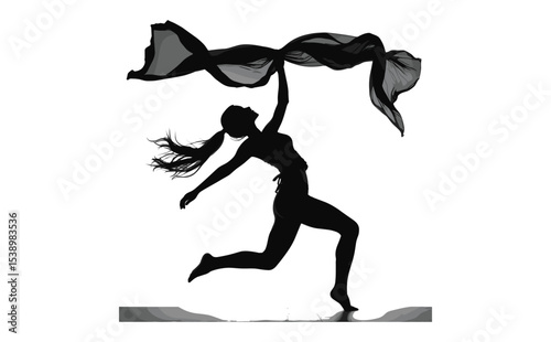Silhouette of Dancing Woman with Scarf in Motion Vector

