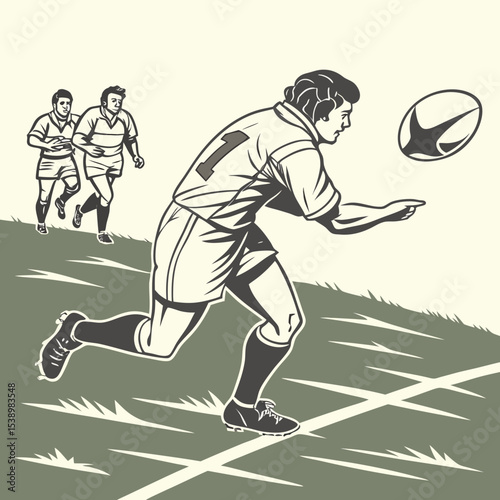 Rugby player in action with ball and teammates running on a field with grass and white lines artwork